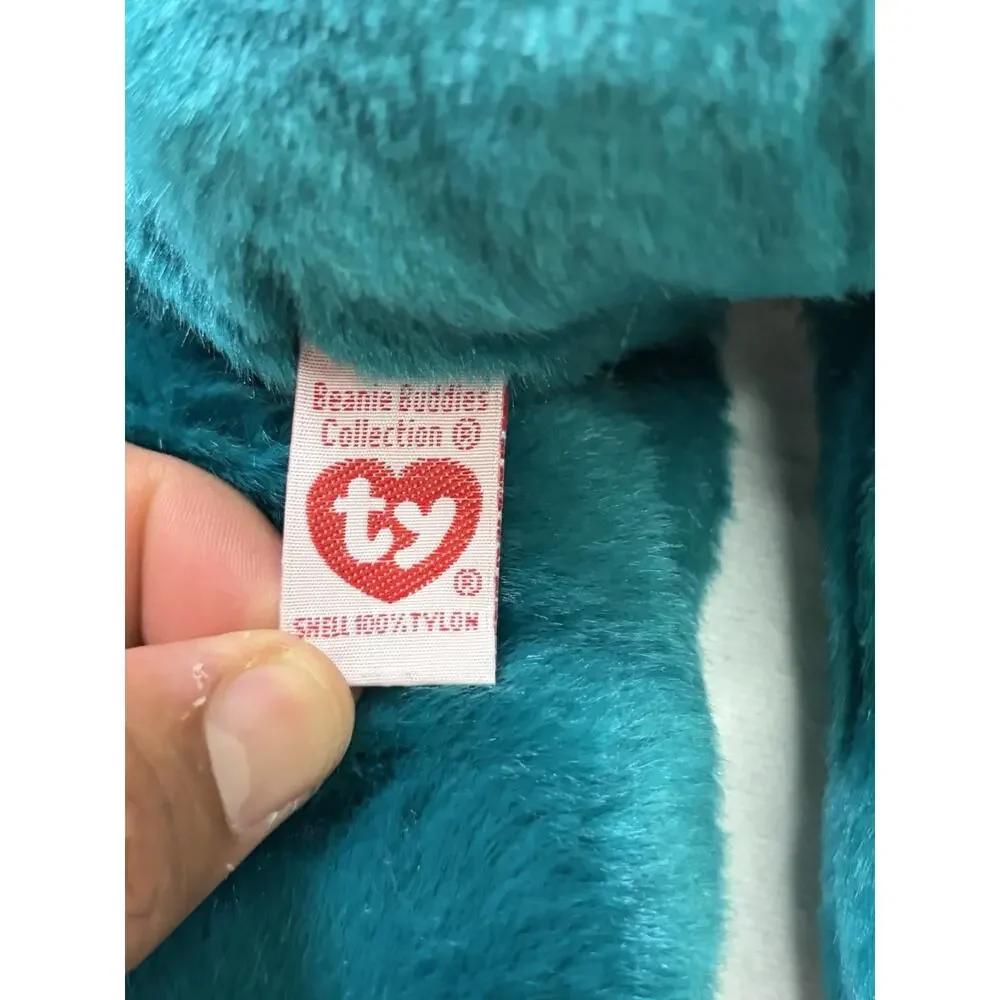 VTG Ty Beanie Buddies Teal Teddy Bear Blue Ribbon Plush 14” Stuffed Animal 1990